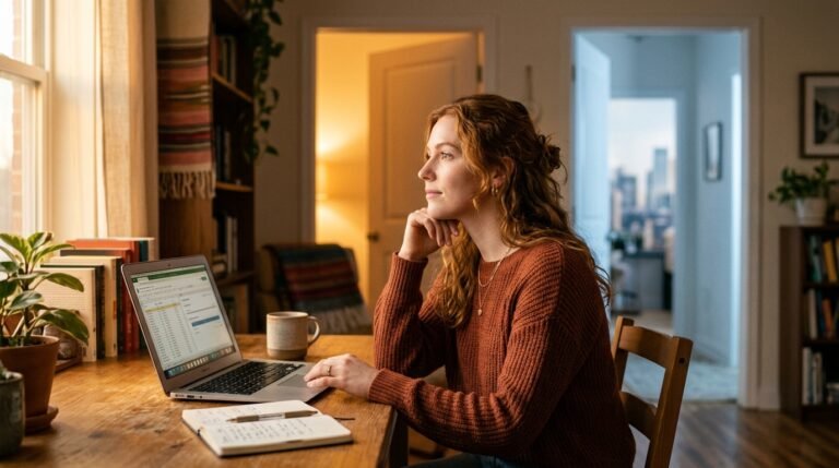 Young Indian-American woman comparing Roth vs Traditional IRA options on a laptop at a sunlit home desk