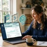 Woman selling digital products on Etsy from her laptop, surrounded by printable templates and zero physical inventory