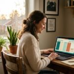 Young creator at a home desk learning to sell digital products on Etsy with a planner design on her laptop