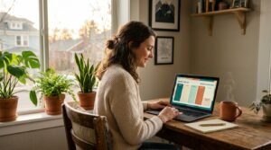 Young creator at a home desk learning to sell digital products on Etsy with a planner design on her laptop