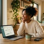 Young woman using a laptop at home to earn from websites that pay you daily for simple tasks like surveys and app testing