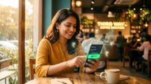 Young Indian investor tapping the buy button on a phone, illustrating what happens when you buy a stock