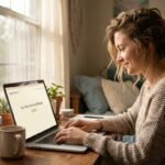 Young woman at a sunlit desk learning to make money blogging on a laptop with coffee and plants nearby