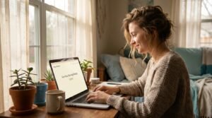 Young woman at a sunlit desk learning to make money blogging on a laptop with coffee and plants nearby