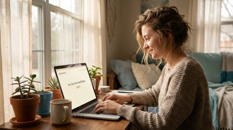Young woman at a sunlit desk learning to make money blogging on a laptop with coffee and plants nearby