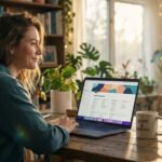 Young creator at a laptop building a dashboard to make money creating Notion templates from a cozy home office