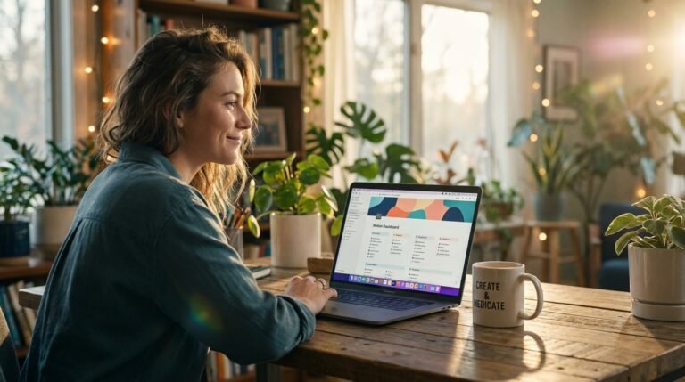 Young creator at a laptop building a dashboard to make money creating Notion templates from a cozy home office