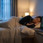 Laptop glowing beside a sleeping person at night, showing how AI tools help you make money while you sleep.