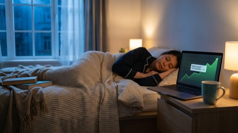 Laptop glowing beside a sleeping person at night, showing how AI tools help you make money while you sleep.