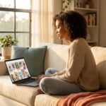 Young woman on a sofa using a laptop with a grid of vertical pins, illustrating Pinterest affiliate marketing at home