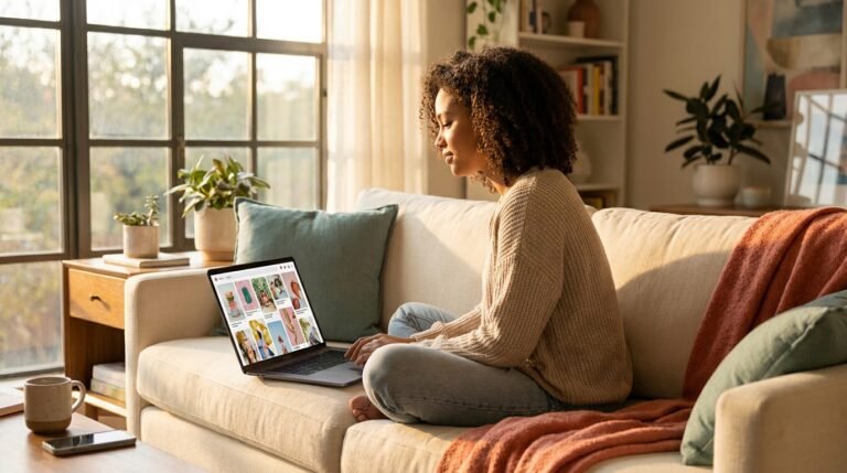Young woman on a sofa using a laptop with a grid of vertical pins, illustrating Pinterest affiliate marketing at home