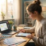 Creator at a laptop designing planner templates, showing how to sell digital planners online from a cozy home desk.