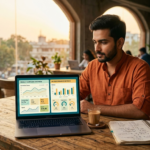 Indian founder comparing Meta Ads vs Google Ads India campaign dashboards on a laptop in a sunlit co-working space