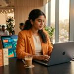Indian D2C founder reviewing a Performance Max for Indian D2C ad dashboard on a laptop at a Bengaluru desk with chai
