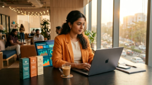 Indian D2C founder reviewing a Performance Max for Indian D2C ad dashboard on a laptop at a Bengaluru desk with chai