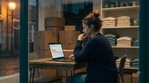 Small business owner reviewing falling ad results on a laptop in her shop, illustrating why Indian businesses fail at marketing