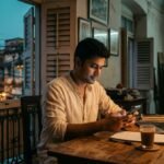 Young Indian investor approving a UPI mandate on his phone to apply for Jio IPO at a home desk in Kolkata