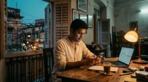 Young Indian investor approving a UPI mandate on his phone to apply for Jio IPO at a home desk in Kolkata