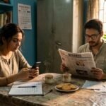 Young couple in Kolkata reading business news and checking an EMI, showing the importance of macroeconomics in daily life