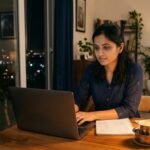 Young professional in Hyderabad comparing international mutual funds and a rupee-dollar chart on her laptop at home