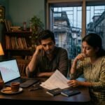 Young couple in Kolkata reviewing foreign fees and travel costs on a laptop, showing the rupee fall impact on common man