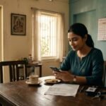 Salaried woman checking her PF passbook on a phone at home, explaining what is EPFO for Indian employees